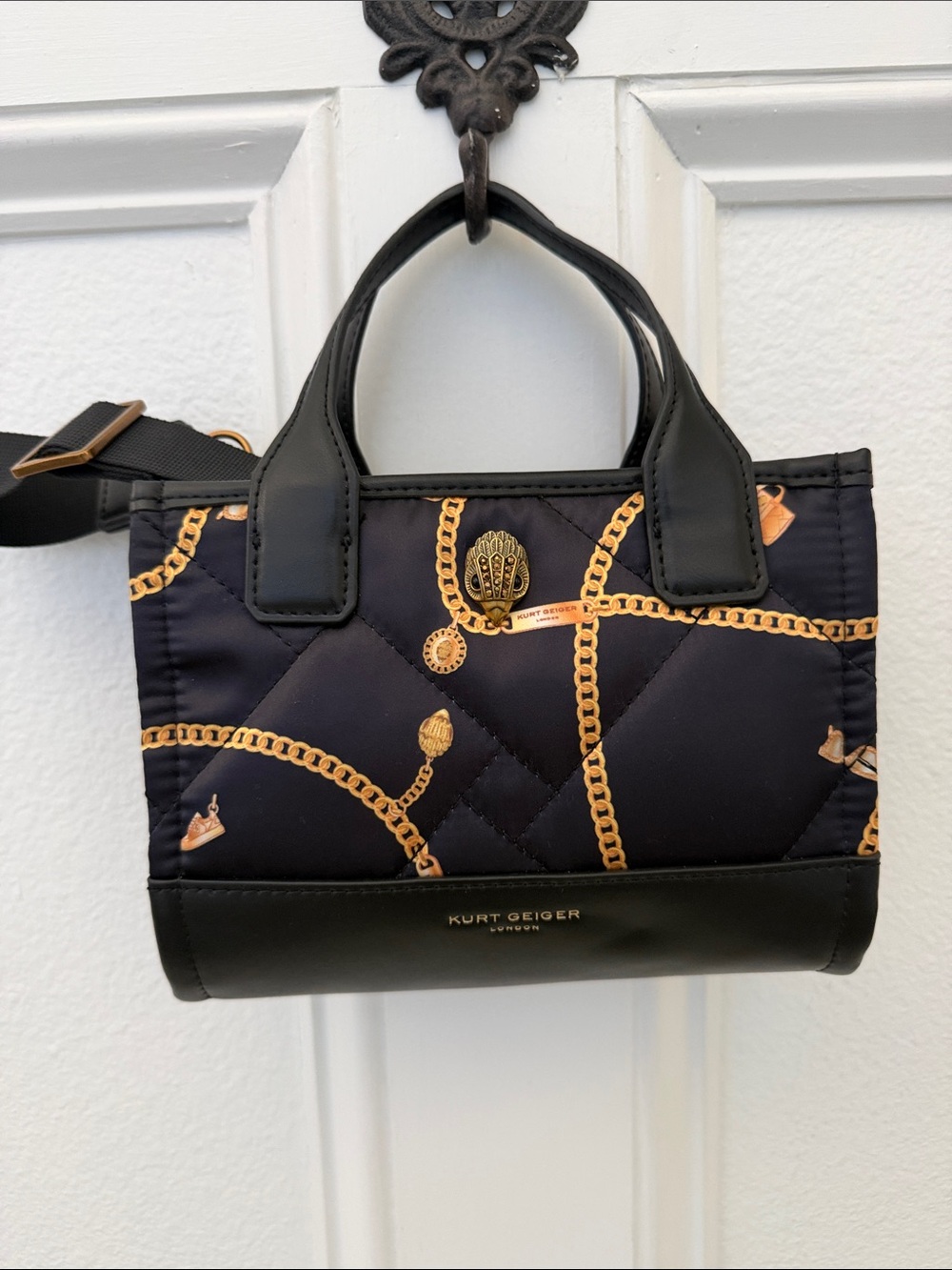 New Kurt Geiger Black Mini Tote with Gold Chain Print - worn 1 time. w/bag.